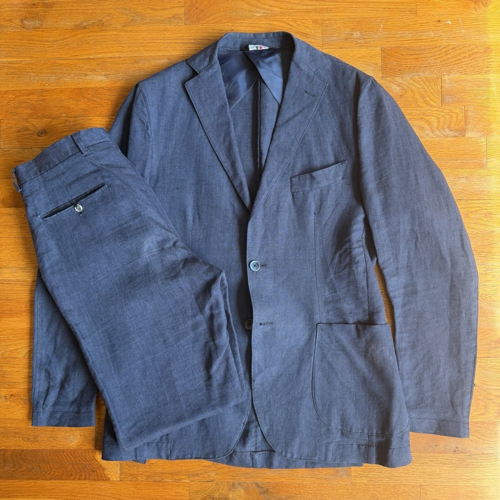 Francesco Casola 100% Linen Unlined Suit 48 38R Blue 2 Button 31x30.5 Pant Italy